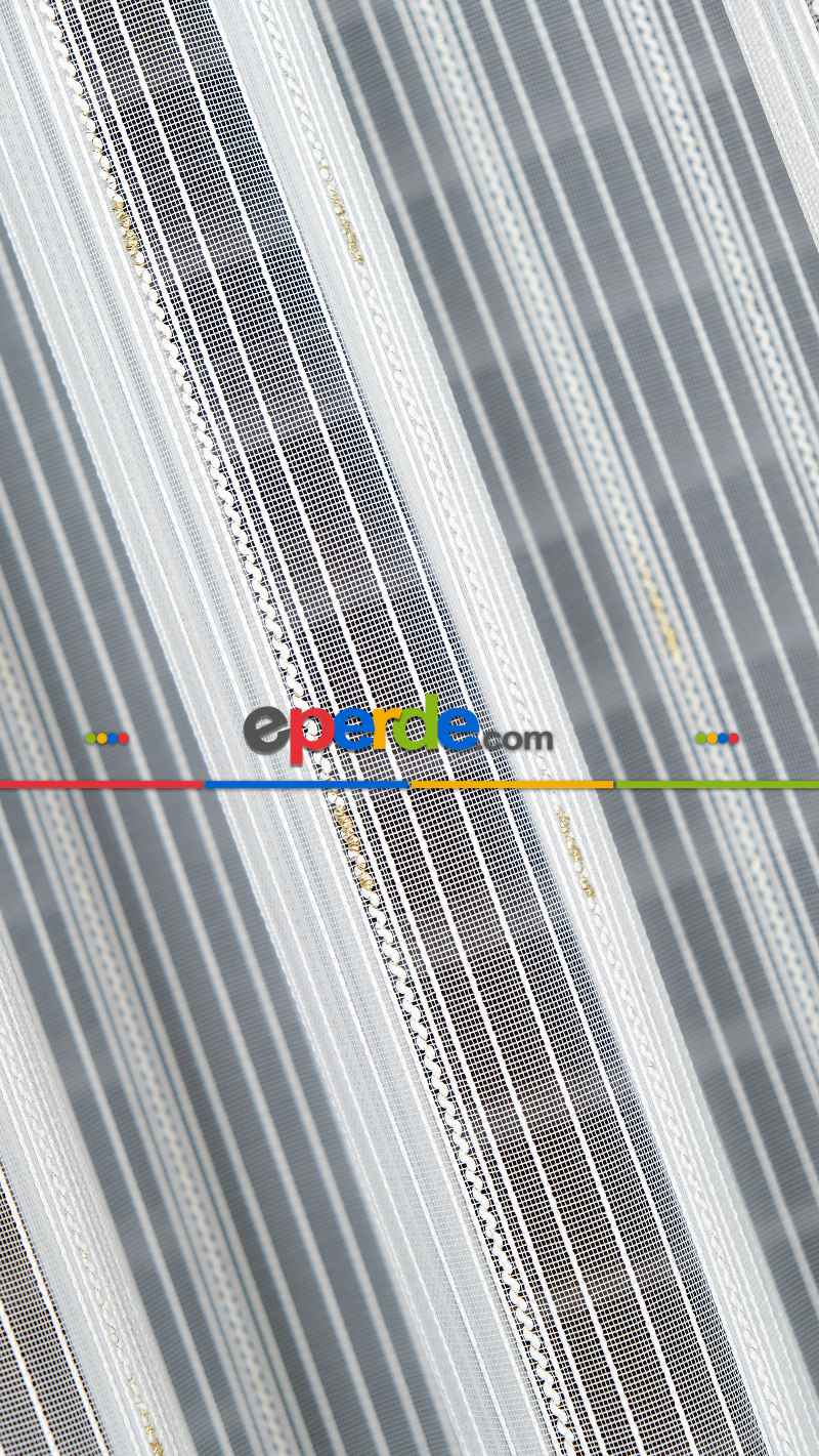 Ekru Zincir Çizgilli Altın Simli Tül Perde