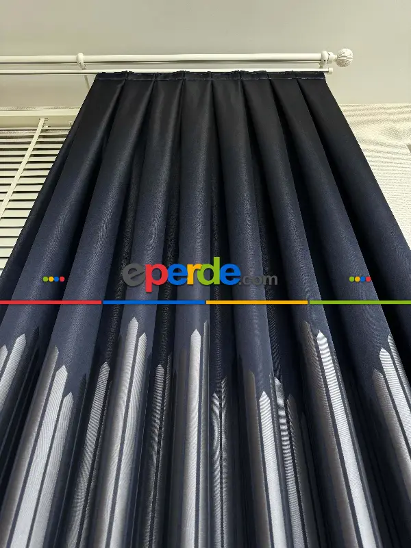 Lacivert Gri Çizgili Jakar Dokuma Fon Perde