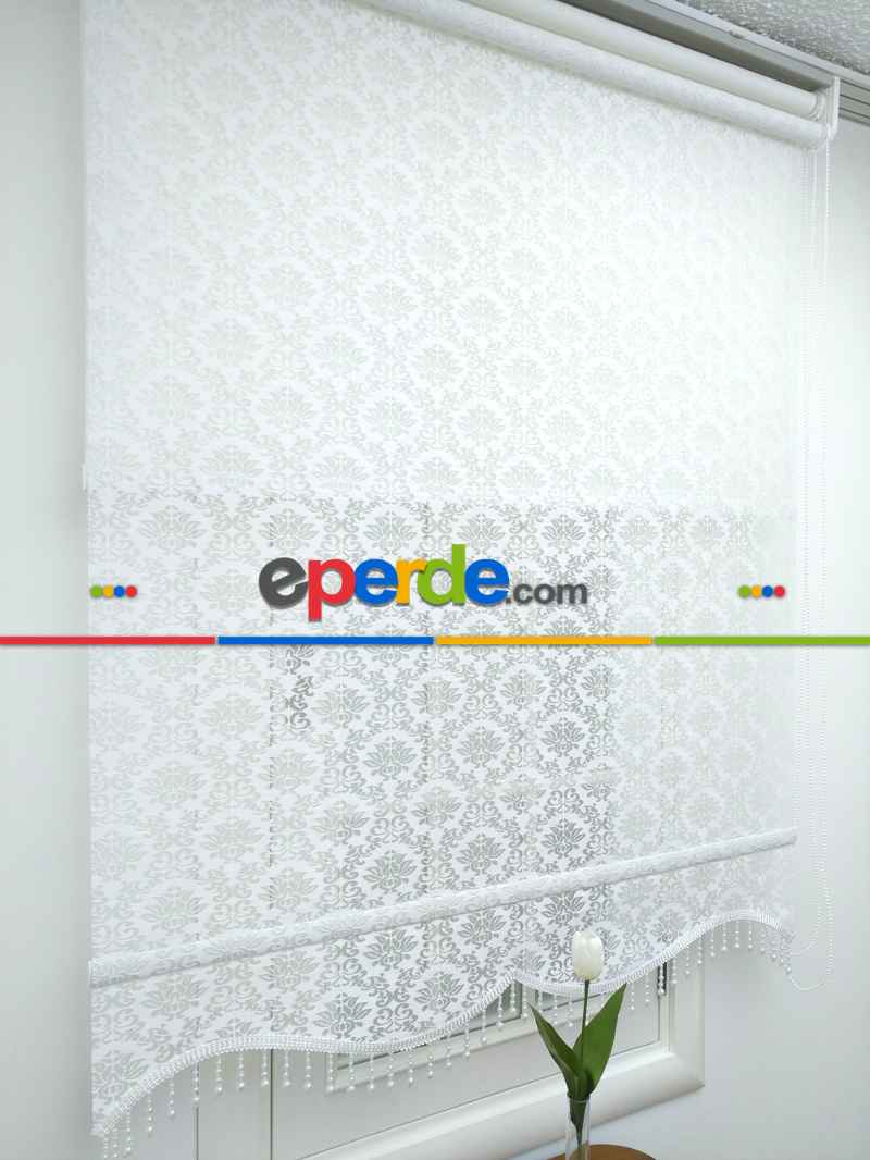 Oturma Odası - Jakar Örme Tül-alvina 801 Ekru Çiftli Sistem Dantel Desenli Perde- Beyaz