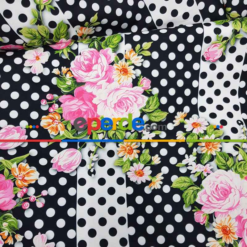 Çiçek Desenli Fon Perde Evm836 Kumaşı Kalındır Duck Bezi Değildir- Siyah-Beyaz-Pembe Koyu