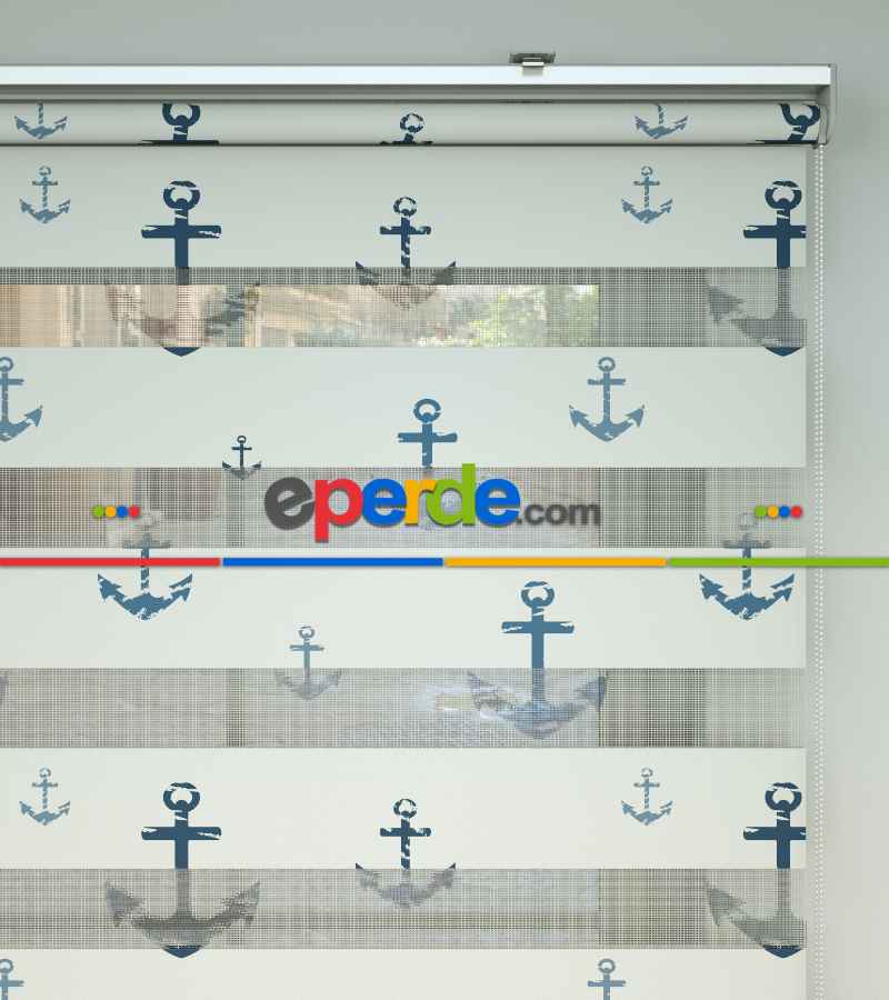 Bebek Odası Zebra Perde - Çapa Desen Baskılı Zebra Perde- Çok Renkli