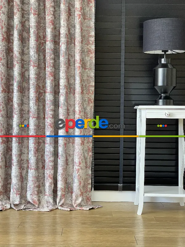 Yatak Odası - Bej Kiremit Desenli Jakar Fon Perde - Gri-füme-antrasit-kiremit Rengi