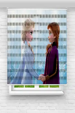 Çocuk Odası - Sevimli Kahramanlar Elsa Ve Anna Baskılı Zebra Perde