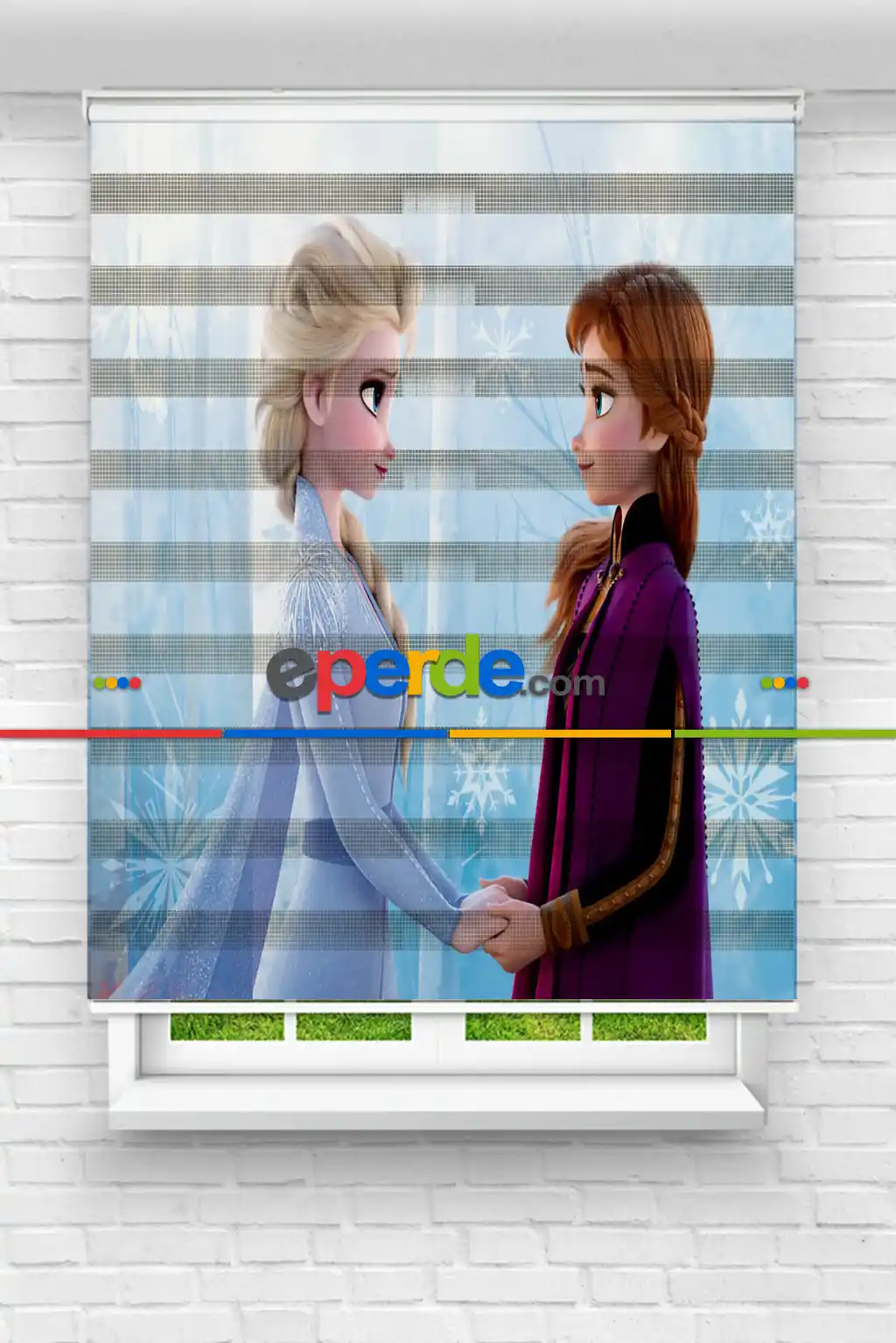 Çocuk Odası - Sevimli Kahramanlar Elsa Ve Anna Baskılı Zebra Perde