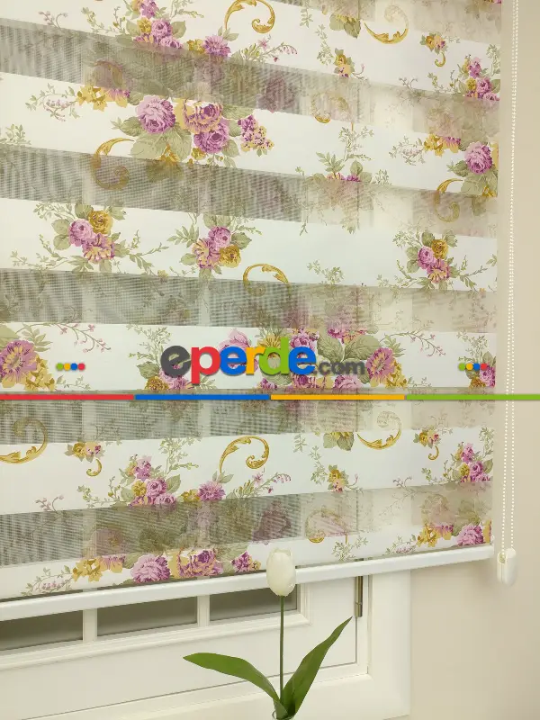 Çiçek Desenli Zebra Perde