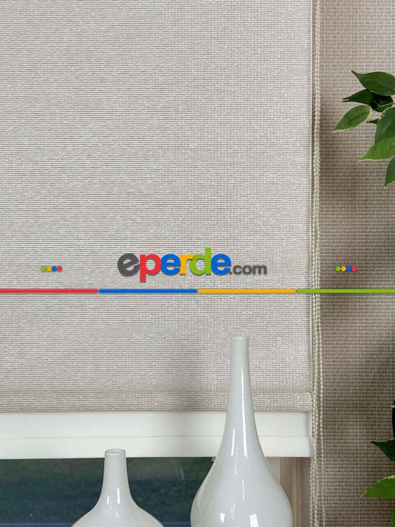 Ekru Krem Simli Çiftli Sistem Tül Stor Perde, Standart Metal Kasalı Yüksek Kalite Kornişe Kolay Montaj Seçenekli