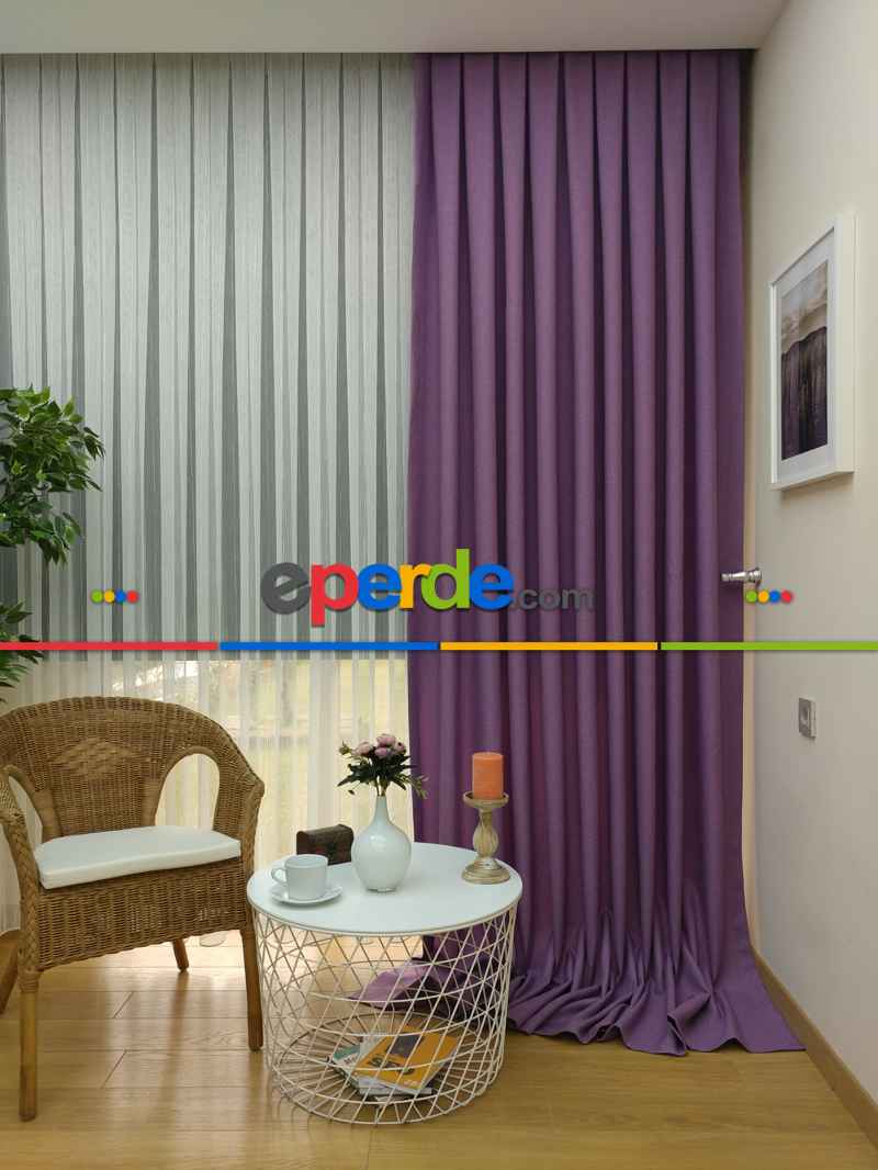 Keten Mor Renk Düz Fon Perde- Lila Koyu Lila