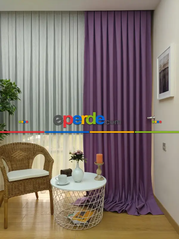 Salon Fon Perde - Keten Mor Renk Düz Fon Perde- Mor
