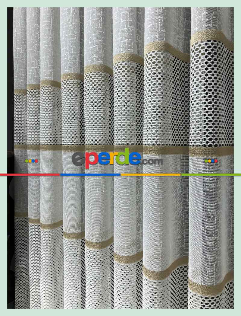 Altın Çizgili Tül Perde - Spor Desenli - Tül Perde - Örme Tül Perde - Ütü İstemeyen