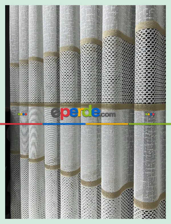 Salon - Aplik, Jakar, Eteği Bordürlü, Tül Perde - Ekru/gold