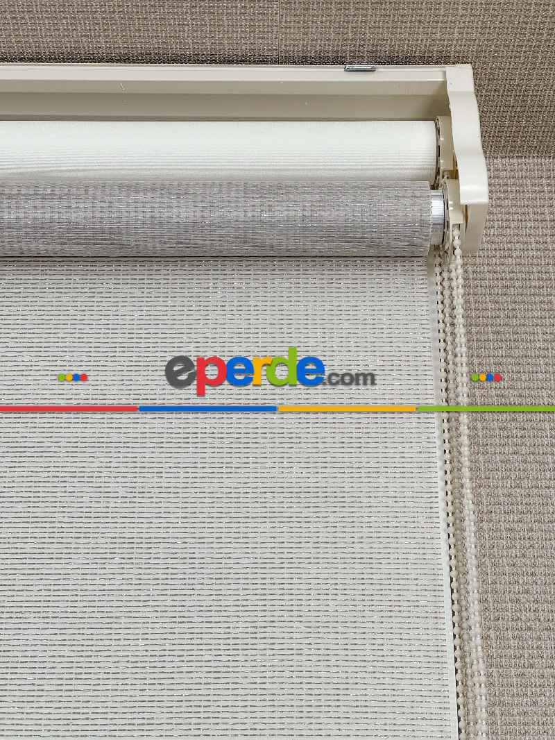 Ekru Krem Simli Çiftli Sistem Tül Stor Perde, Standart Metal Kasalı Yüksek Kalite Kornişe Kolay Montaj Seçenekli