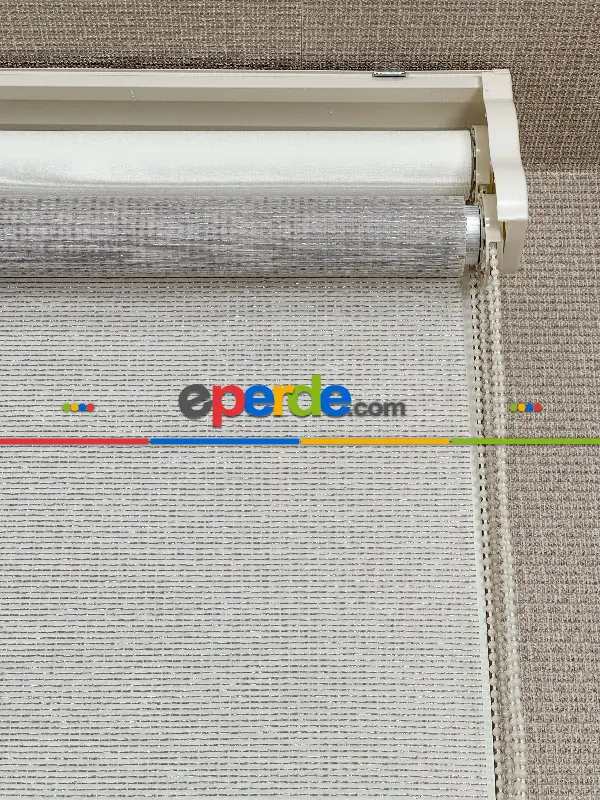 Ekru Krem Çiftli Sistem Tül Stor Perde, Standart Metal Kasalı Yüksek Kalite Kornişe Kolay Montaj Seçenekli