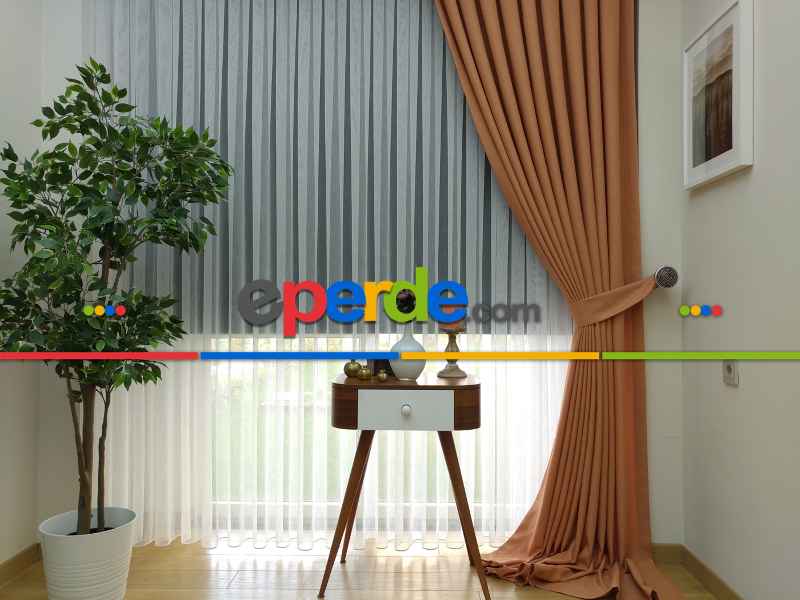 Yatak Odası - Keten Oranj Renk Düz Fon Perde- Turuncu