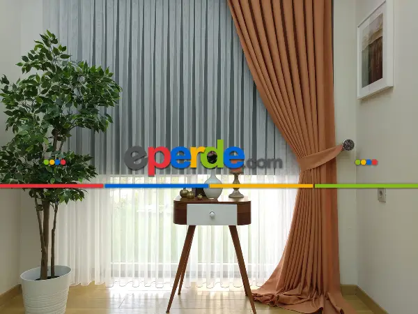 Yatak Odası - Keten Oranj Renk Düz Fon Perde- Turuncu