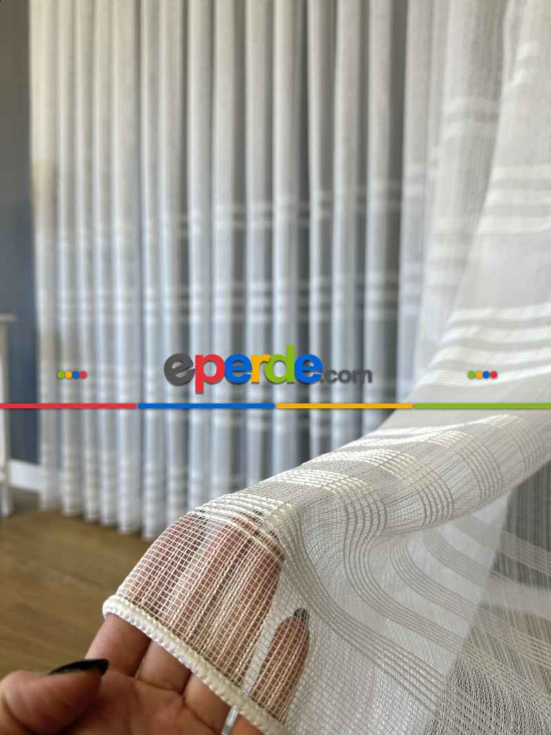 Zincir Çizgili Tül Perde Ekru Renk Kırık Beyaz- Ekru - Kurşunlu Tül