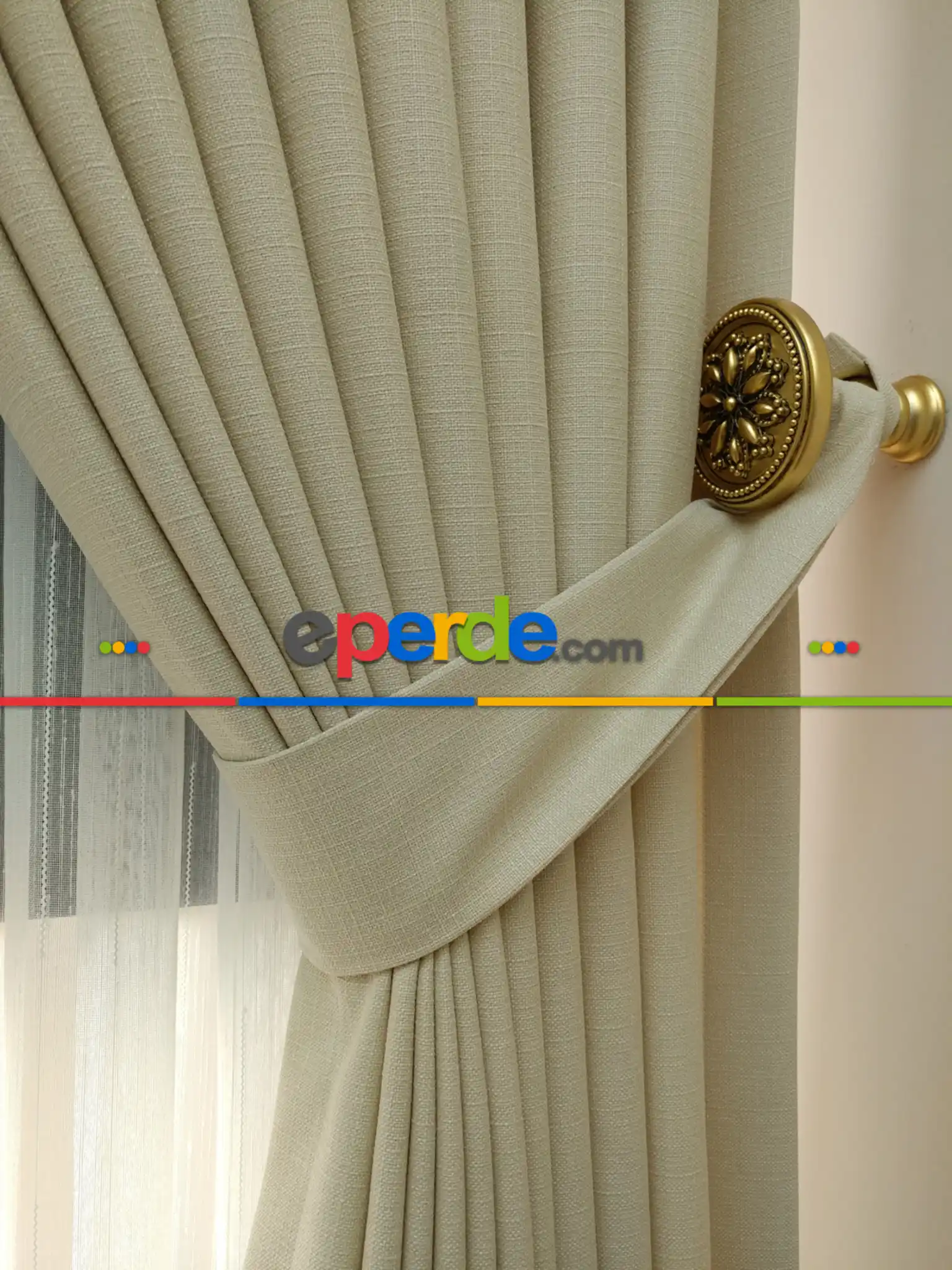 Salon Perdesi - Açık Krem Rengi - Düz Keten Fon Perde (  Keten Fon Perde)- Taş Rengi