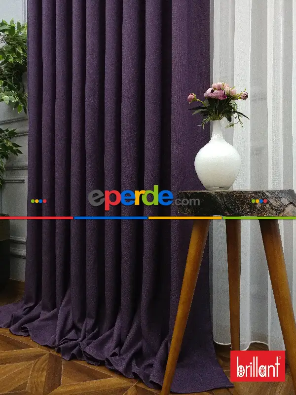 Yatak Odası - Brillant Keten Mor Renk Düz Fon Perde - Mor Patlıcan Moru