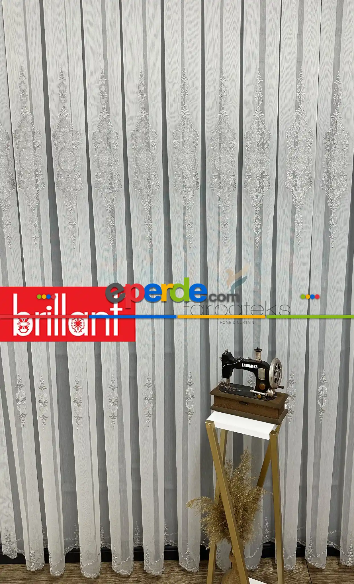 Brillant Ayna Desen Gri İşlemeli Tül Perde