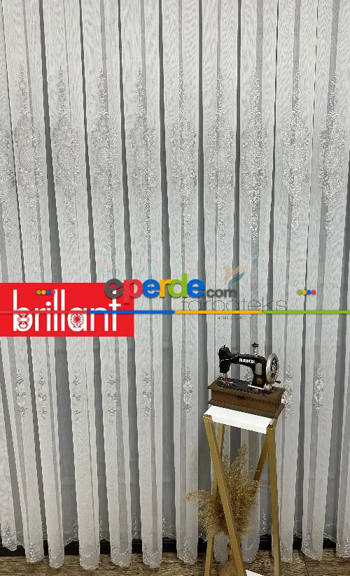 Brillant Ayna Desen Gri İşlemeli Tül Perde