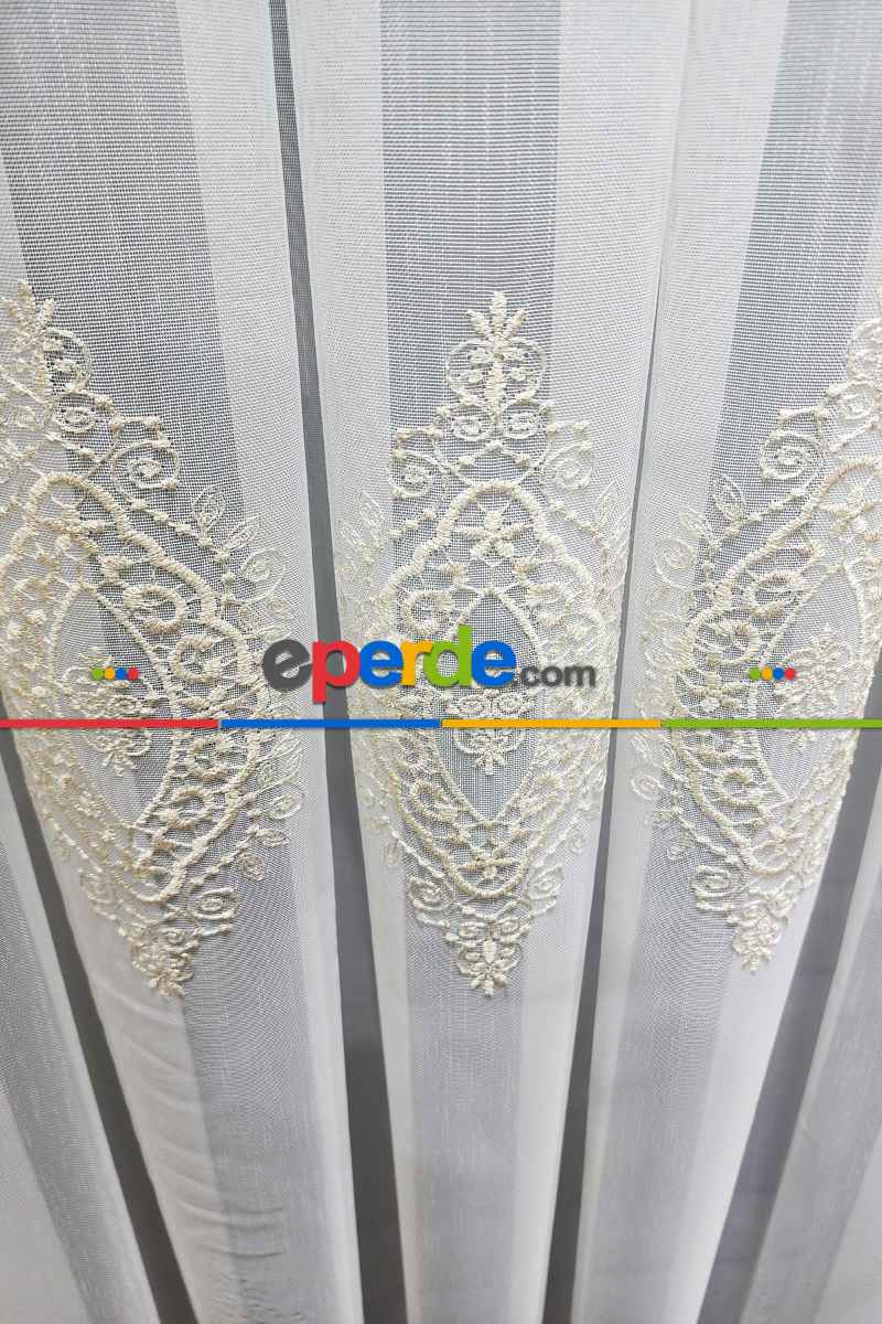 Tül Perde Hafif Keten - Desenli Tül - Avangart Nakışlı Tül Perde - Damask Desenli - Gold/altın