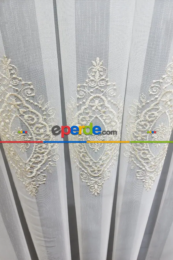 Salon Tül - Gold Altın Orta İstanbul Damask İşlemeli Salon Model Tasarım Pileli Tül Perde