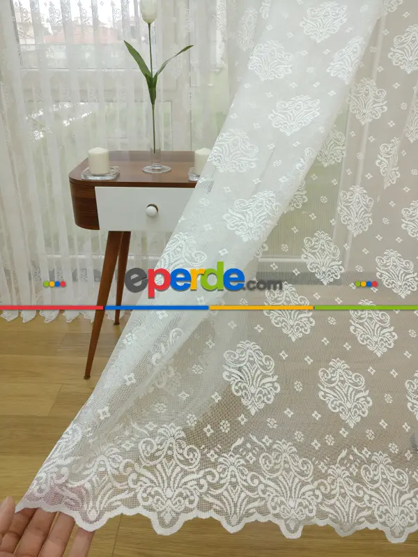 Serpme Damask Desenli Özel Örme Dokulu Tül Perde- Ekru