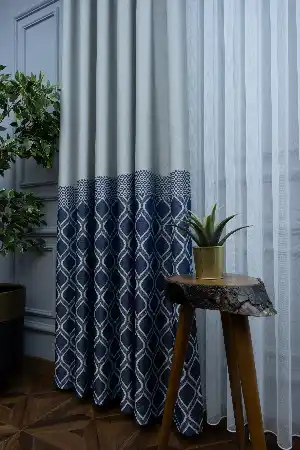 Salon Fon Perde - Modern Pano Fon Perde Bantlı Çift Renk - 504- Lacivert