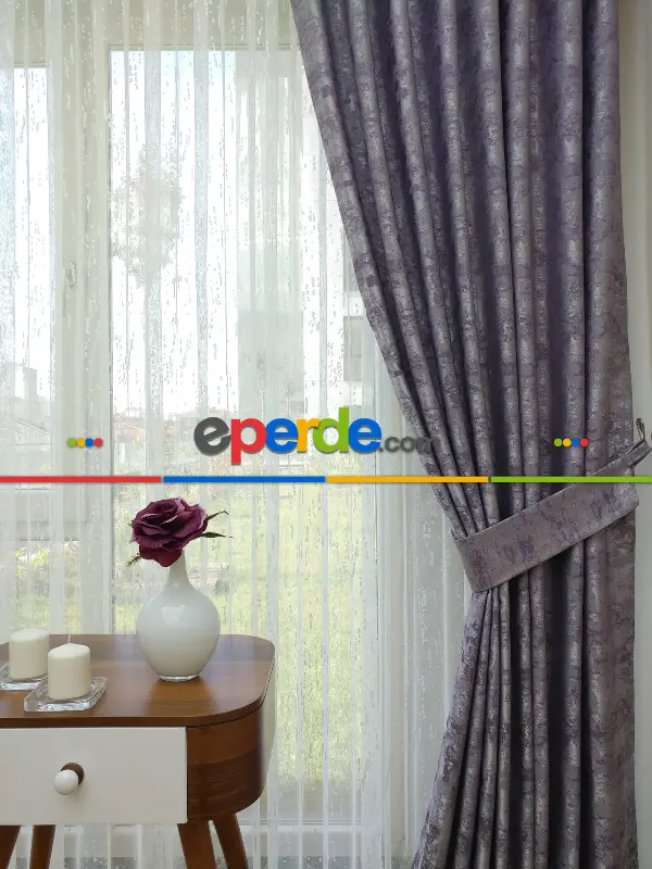 Patinedesenli Lila - Katyonik Jakar Fon Perde- Lila