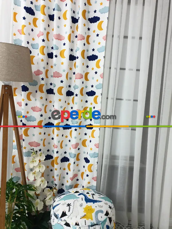 Aydede Bulut Desenli Fon Perde Evm8345 Kumaşı Kalındır Duck Bezi Değildir- Lacivert-beyaz-pembe