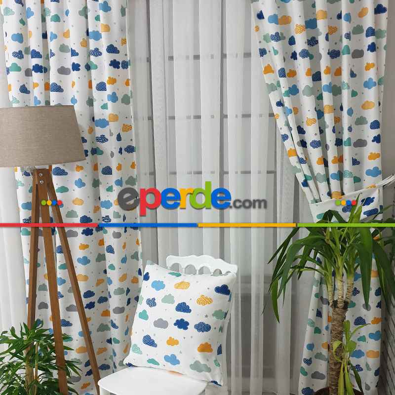 Renkli Bulut Desenli Fon Perde Evm809 Kumaşı Kalındır Duck Bezi Değildir- Beyaz-Mavi Açık