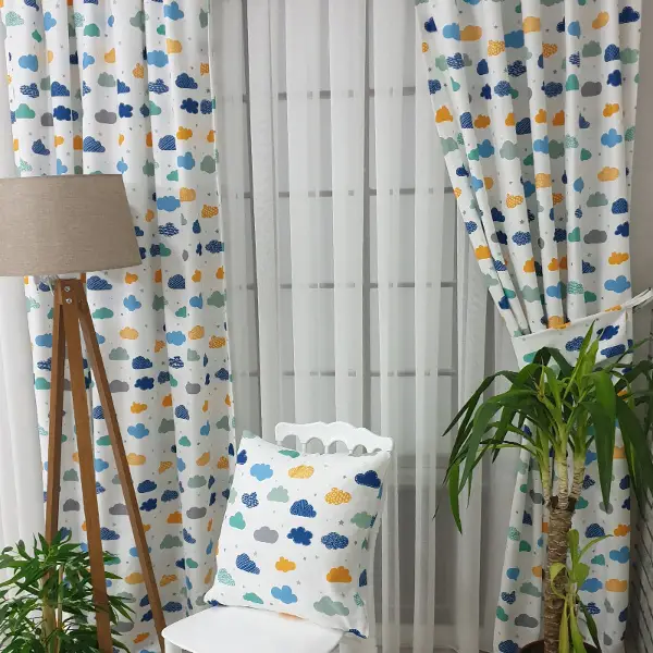 Renkli Bulut Desenli Fon Perde Evm809 Kumaşı Kalındır Duck Bezi Değildir- Beyaz-Mavi Açık