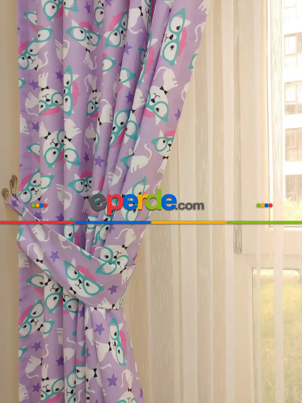 Kız Bebek & Çocuk Odası Fenomen Kedi Fon Perde Modelleri- Pembe-Lila-Mint