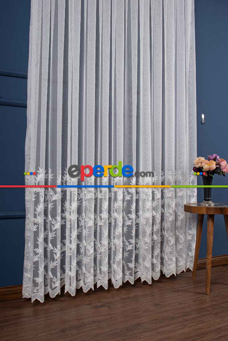 Salon Tül - Etek Geniş Desenli Nakış İşlemeli Tül Perde