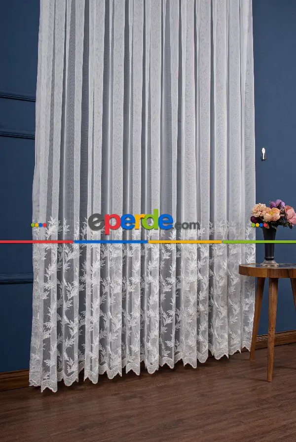 Salon Tül - Etek Geniş Desenli Nakış İşlemeli Tül Perde