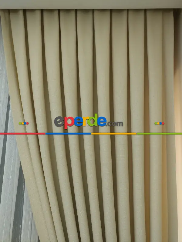 Yatak Odası - Açık Krem Rengi - Düz Keten Fon Perde (  Keten Fon Perde)- Taş Rengi