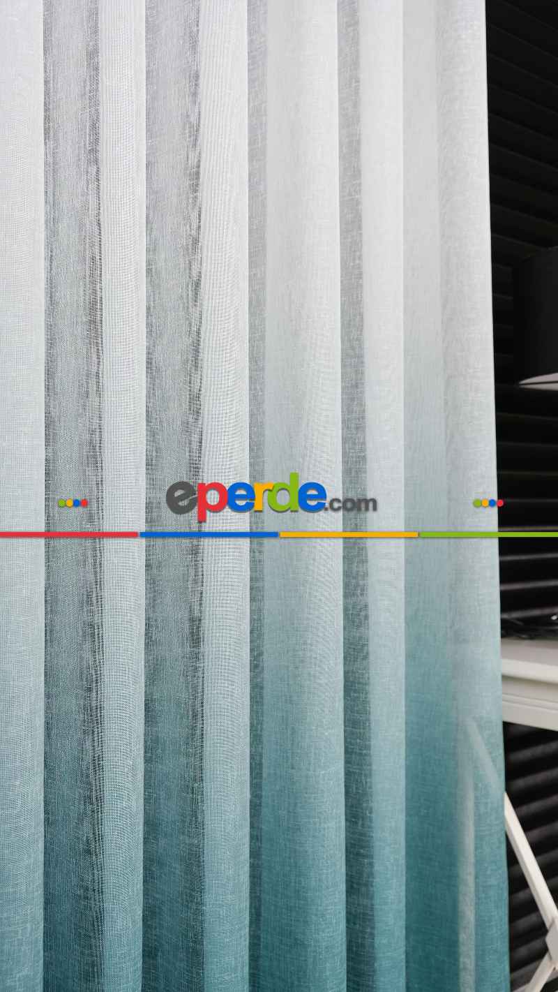 Keten Ekru Yeşil Degrade Geçişli Tül Perde, Ağır Gramajlı Premium Seri, Eteği Kurşunlu