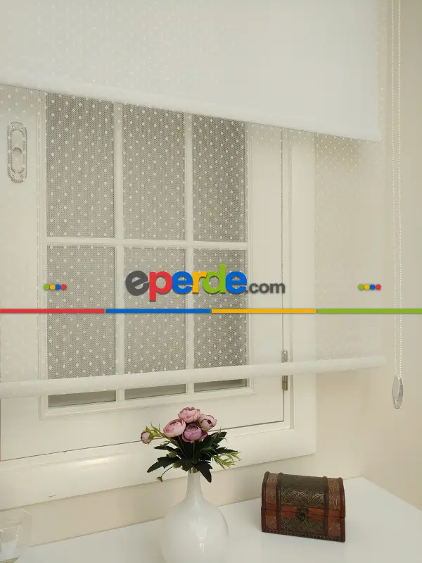 Jakar Örme Tül- Ekru Çiftli Sistem Dantel Desenli Perde- Ekru