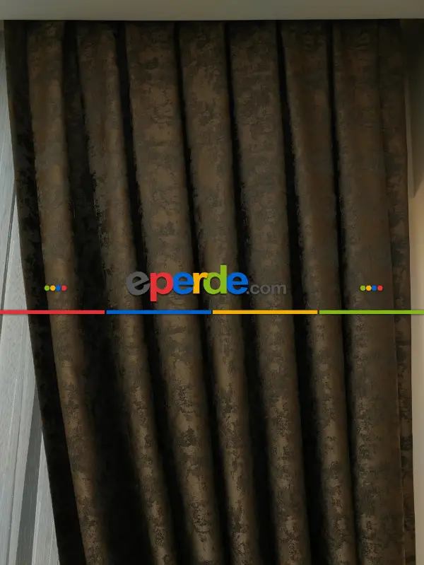 Patinedesenli Kahve Renk Jakar Desenli Fon Perde- Kahve