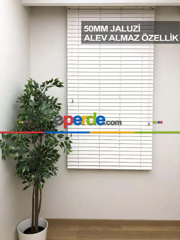 50mm Krem Ahşap Efektli Jaluzi Perde Alev Almaz Özellik- Krem