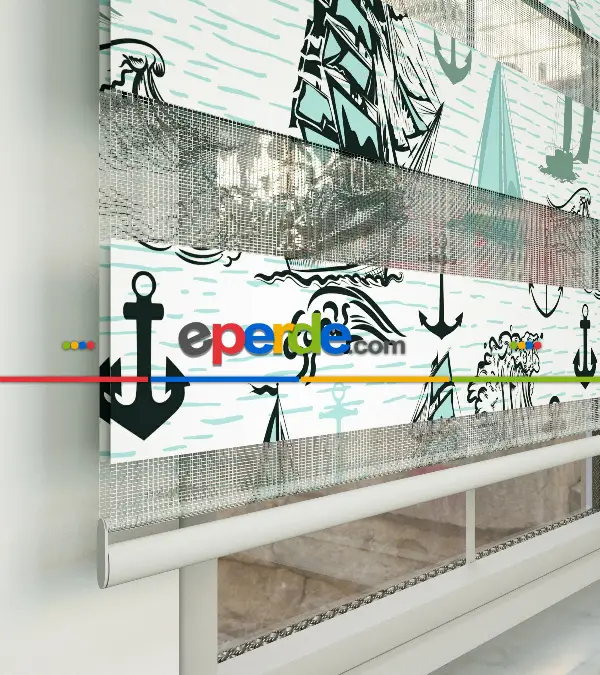 Denizci Desen Baskılı Zebra Perde- Siyah-su Yeşili