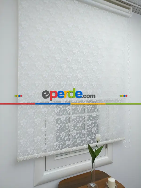 Jakar Örme Tül-feray 801 Ekru Çiftli Sistem Dantel Desenli Perde- Ekru