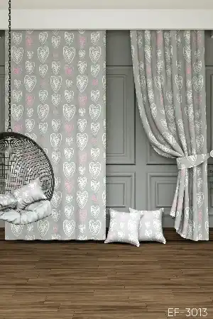 Dökümlü Kumaştan Çocuk Odası - Renkli Kalpler Baskılı Fon Perde- Gri-füme-antrasit-pembe-ekru