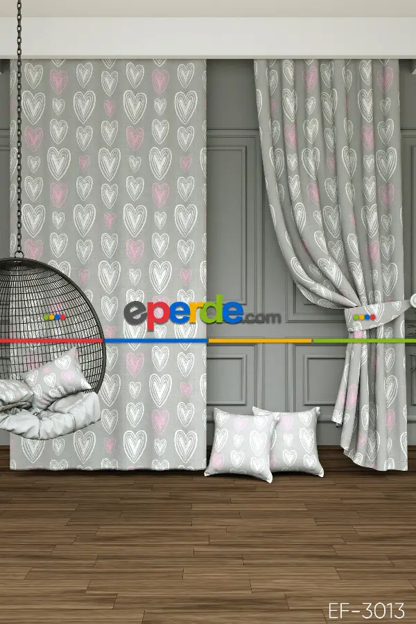 Dökümlü Kumaştan Renkli Kalpler Baskılı Fon Perde- Gri-Füme-Antrasit-Pembe-Ekru