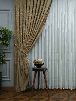 Jakar Desenli Fon Perde- Altın-kahve Açık