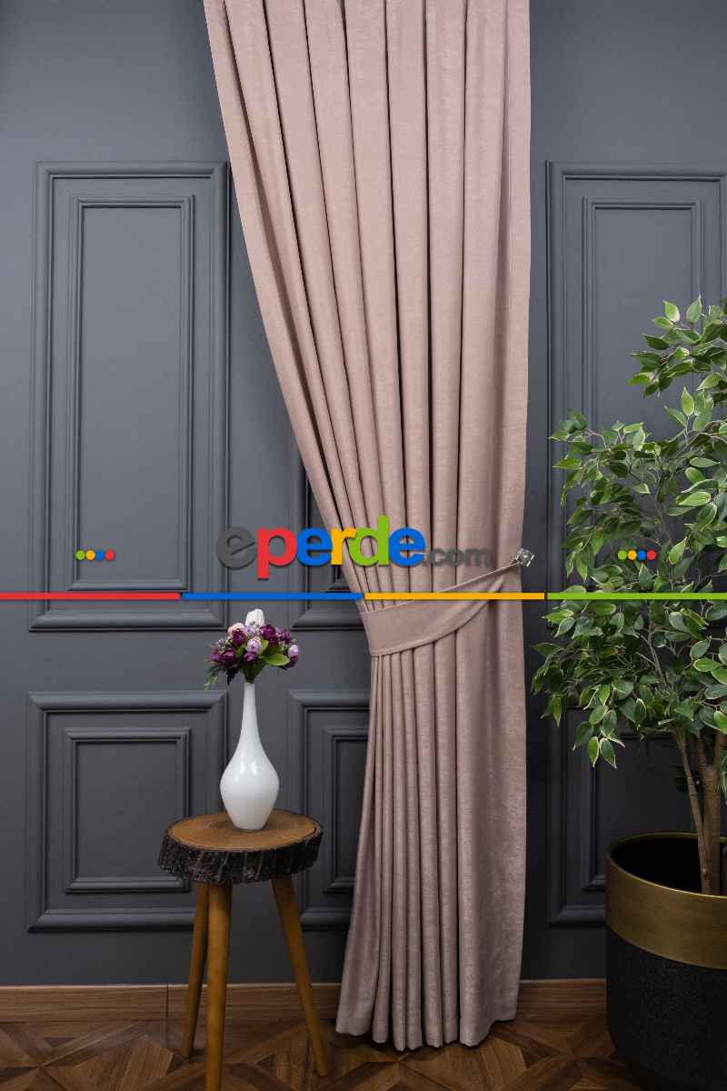 Salon - Soft Fon Perde Pudra Pembesi Dökümlü En - Pembe Pudra Pembe