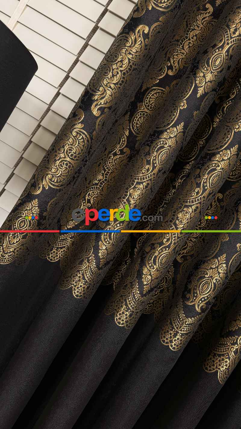 Siyah Altın Fon Perde, Damask Desenli, Pano Fon Perde