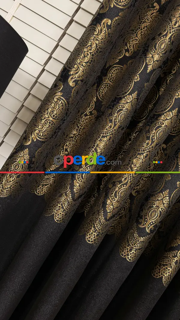 Siyah Altın Fon Perde, Damask Desenli, Pano Fon Perde
