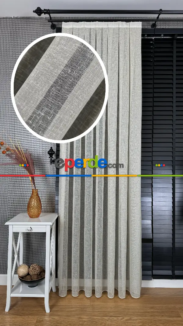 Salon Bej Naturel Keten Düz Tül Perde - Premium Kalitedir, Eteği Kurşunludur.