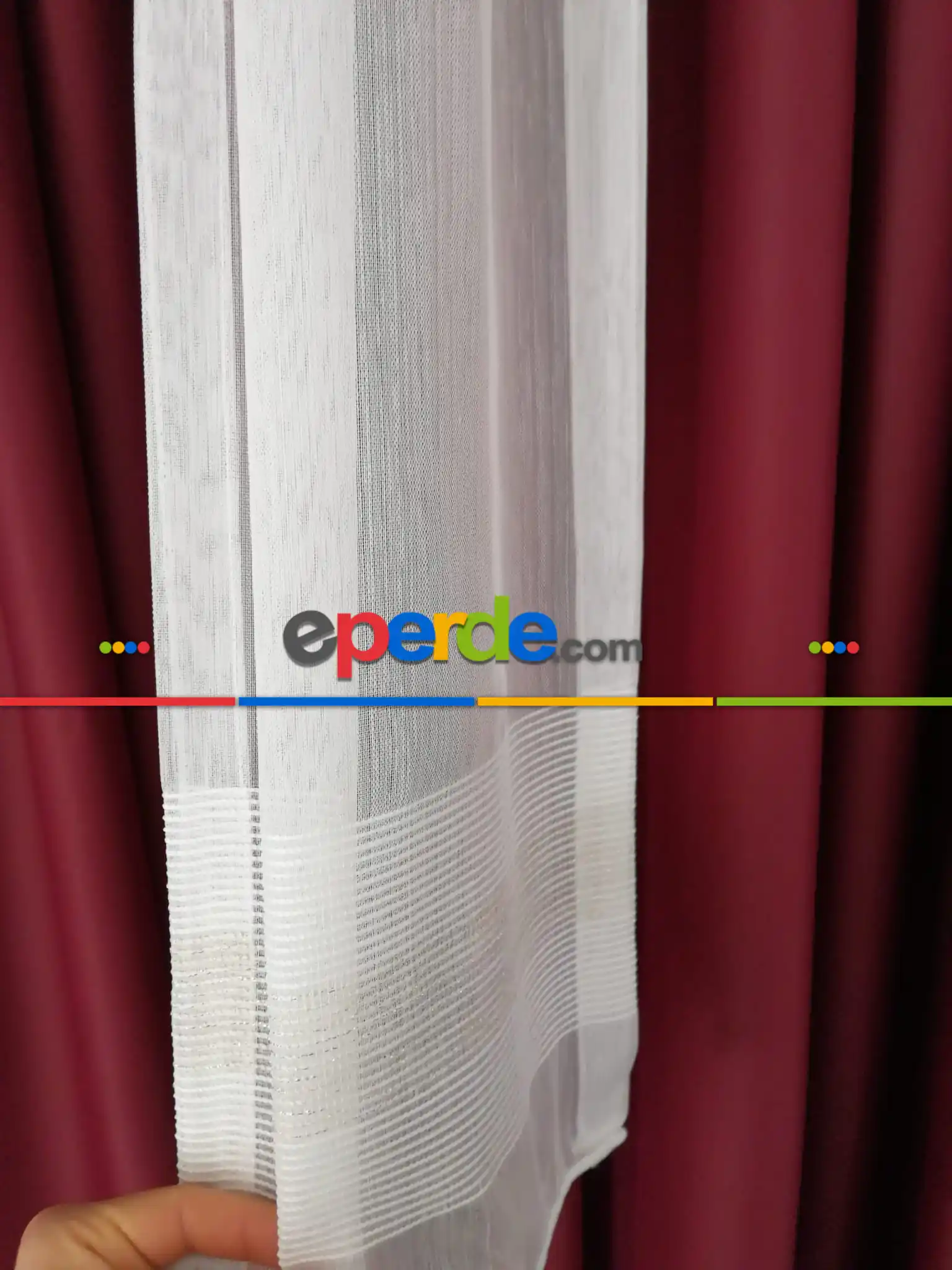 Salon - Bambu Vakko Enine Bantlı Tül Krem - Altın