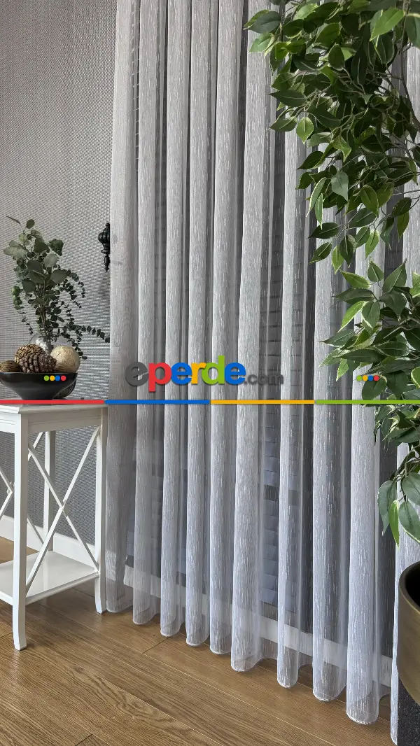 Bebek Odası Tül Perde - Açık Gri Çizgili Naturel Keten Düz Tül Perde - Premium Kalite Serisidir, Eteği Kurşunlu Tül